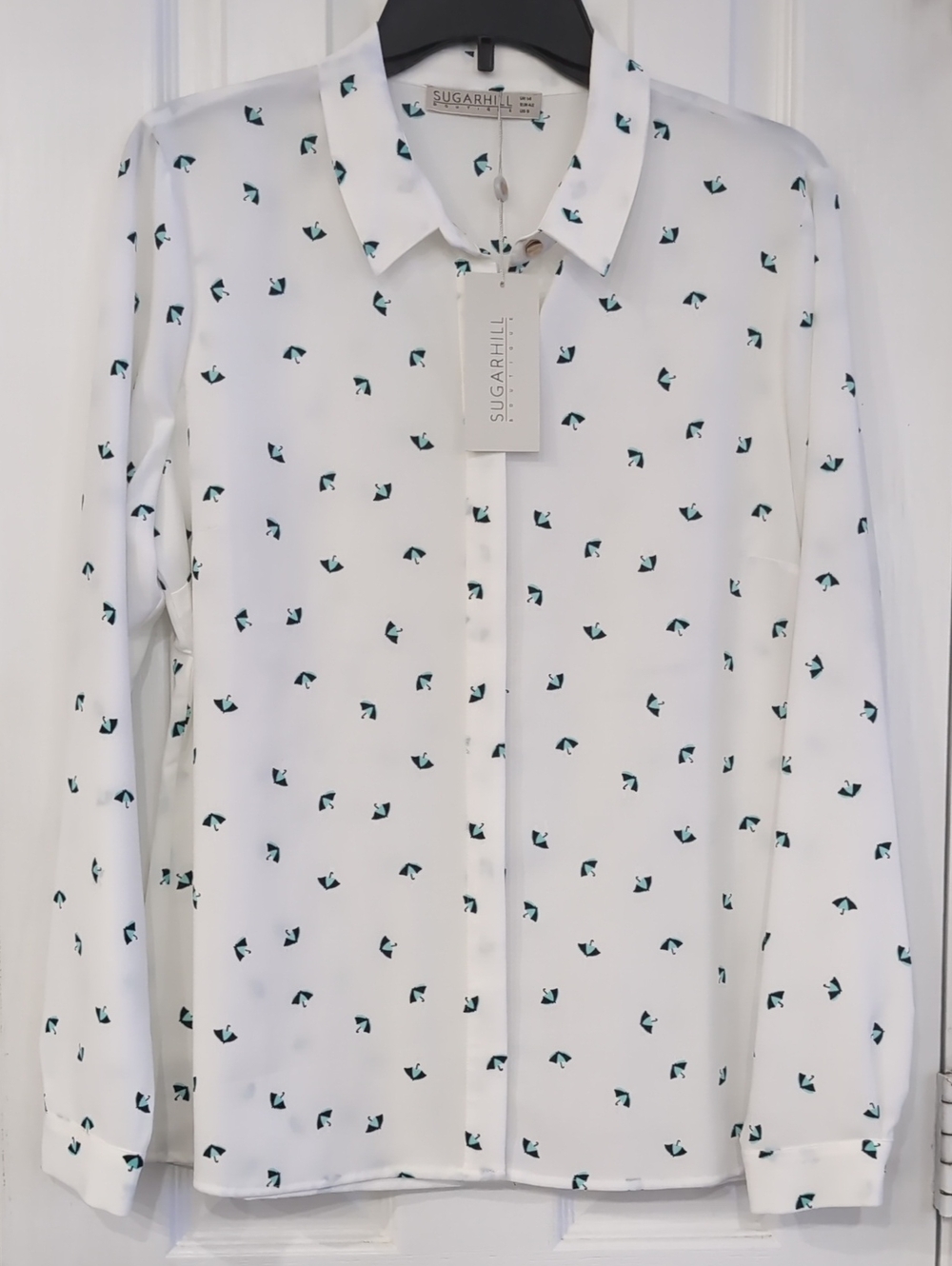 White Long-Sleeve Blouse with Navy-Teal Print
